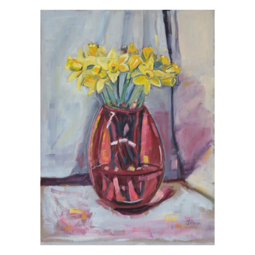 ‘Daffodils in Red Vase’
